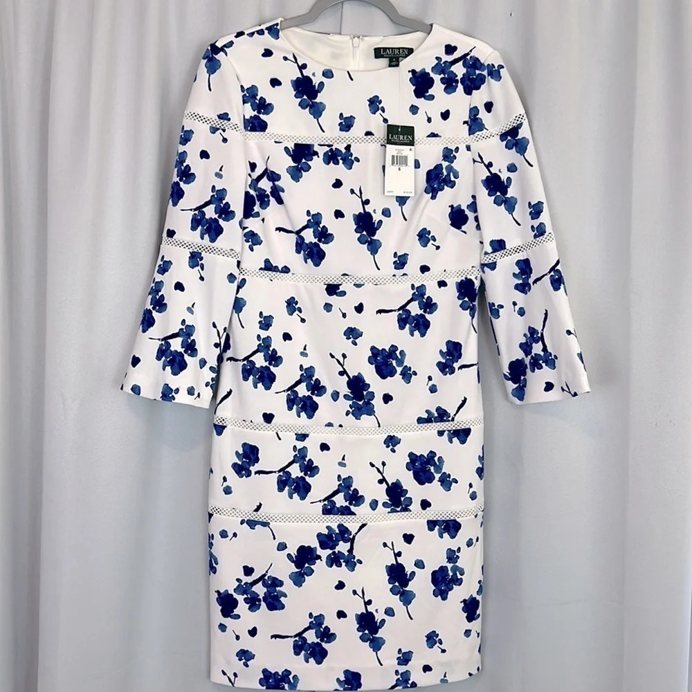 NEW Lauren Ralph Lauren Blue Floral Print‎ Lace Dress Size 6